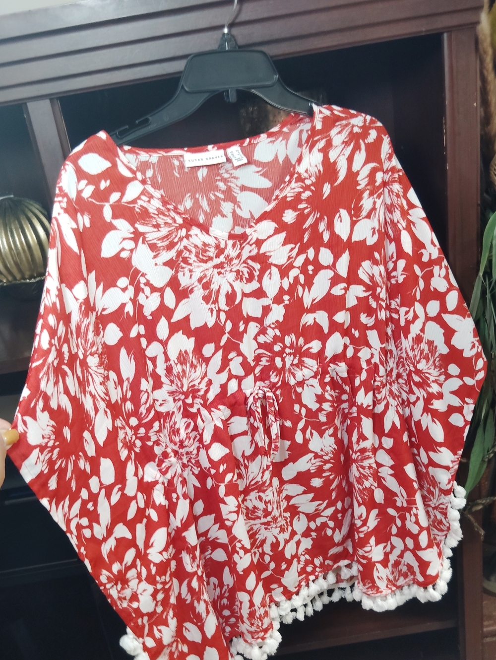 Susan Graver Red and White Floral Tunic with Pom Trim